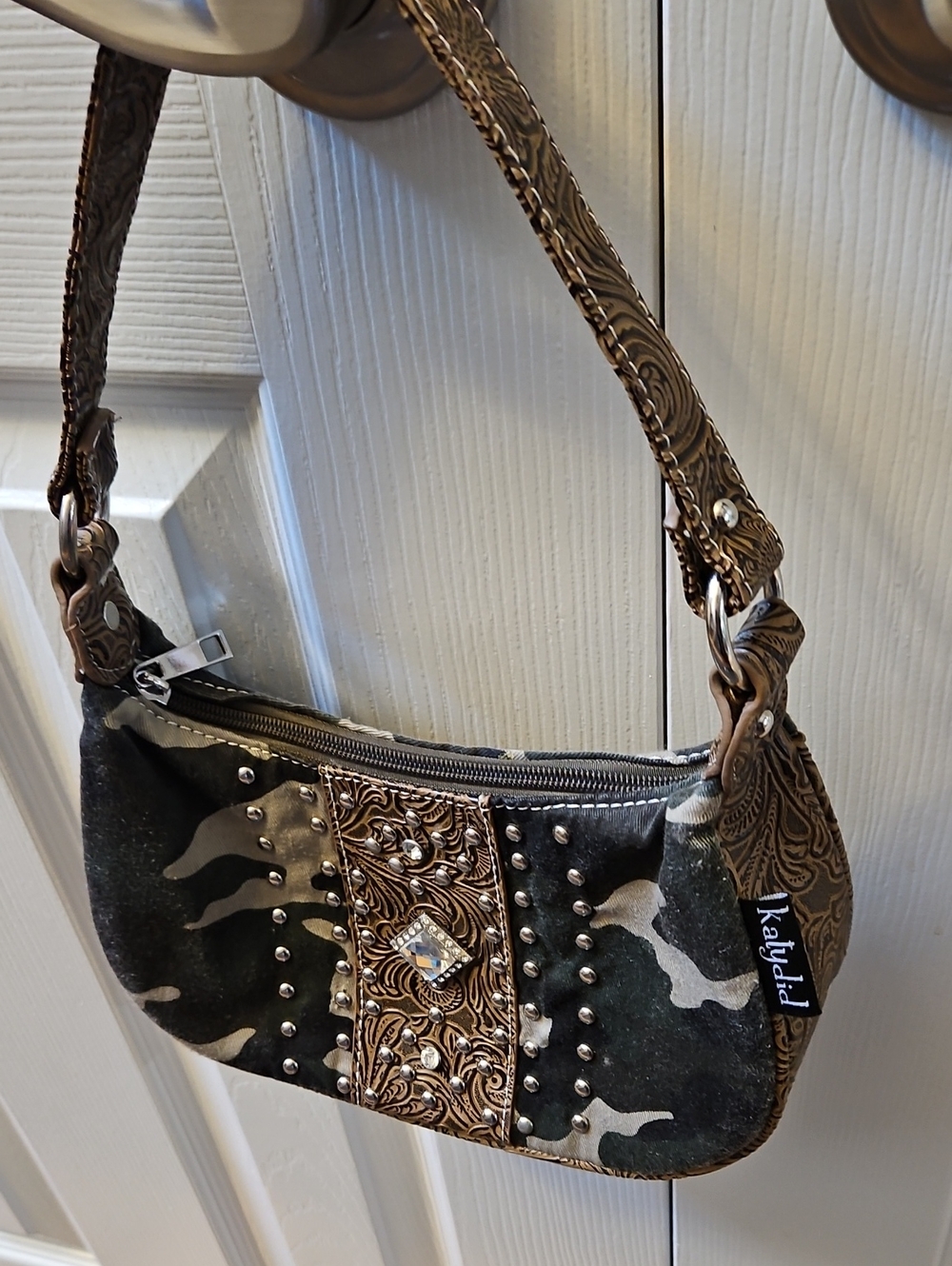 Katydid Embellished Camo Shoulder Bag in Olive Green and Brown